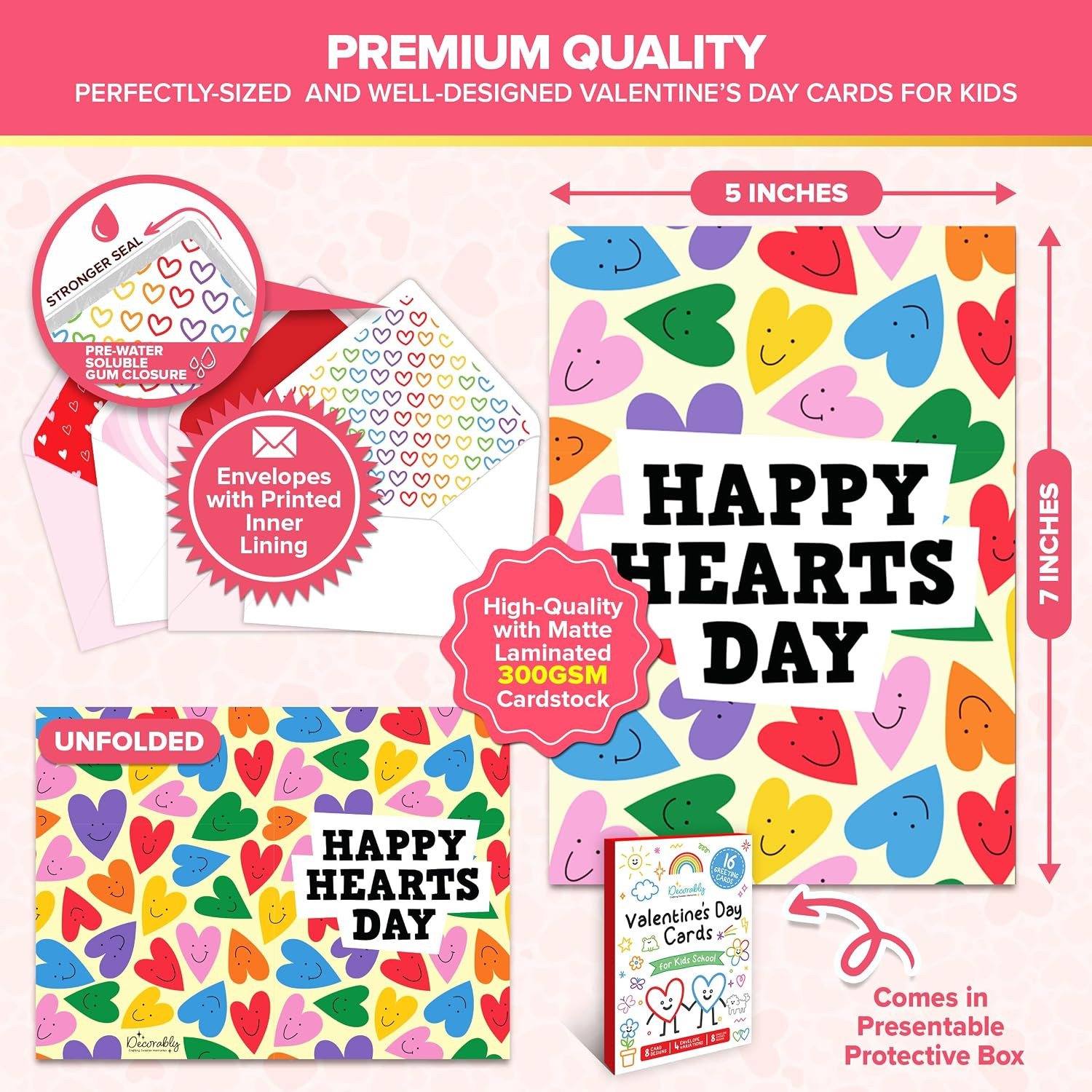 16 Pack 5x7in Children’s Valentine Cards with Envelopes and Stickers, 8 Adorable