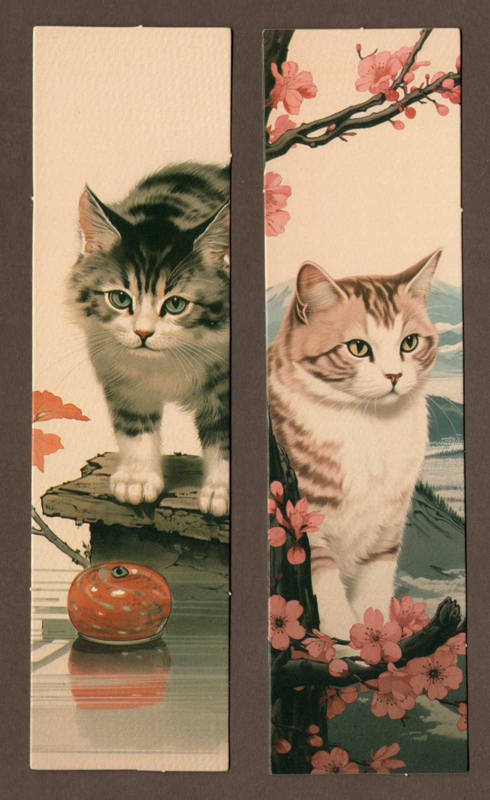 Set of 2 Kitty Cat Bookmarks, Gray & White Stripes, Pink Flowers