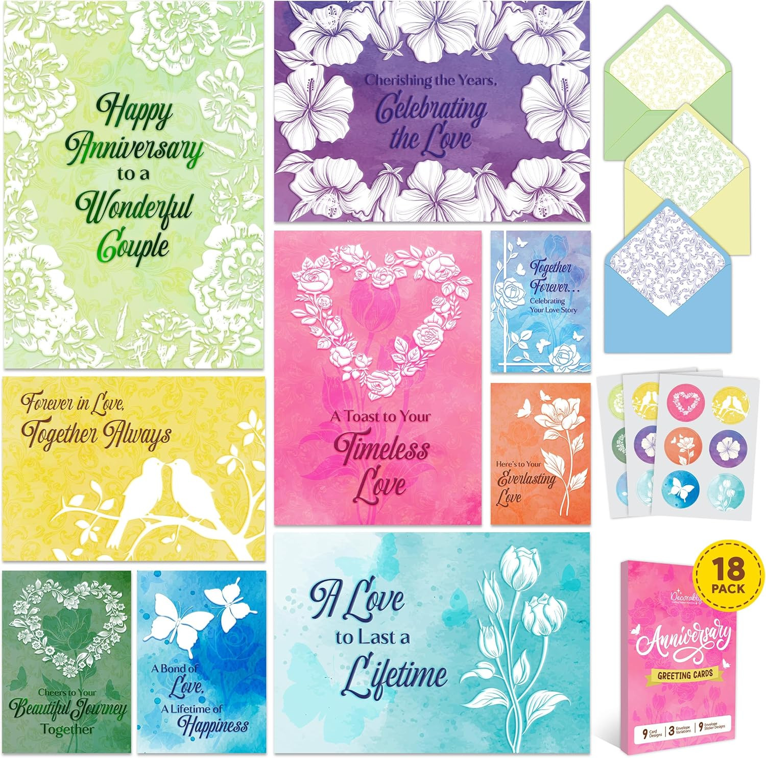 18 Pack Foiled 5x7in Textured Happy Anniversary Cards with Envelopes and Sticker