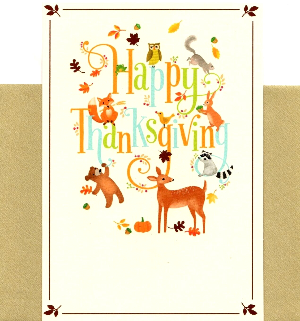 Happy Thanksgiving Forest Animals Deer Fox Bear Bunny Owl Hallmark Greeting Card