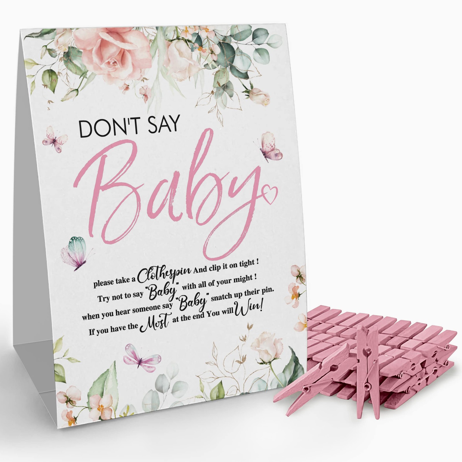 Don’t Say Baby Clothespin Games Sign (1 Sign + 50 Mini Clothespins), Gold Pin…
