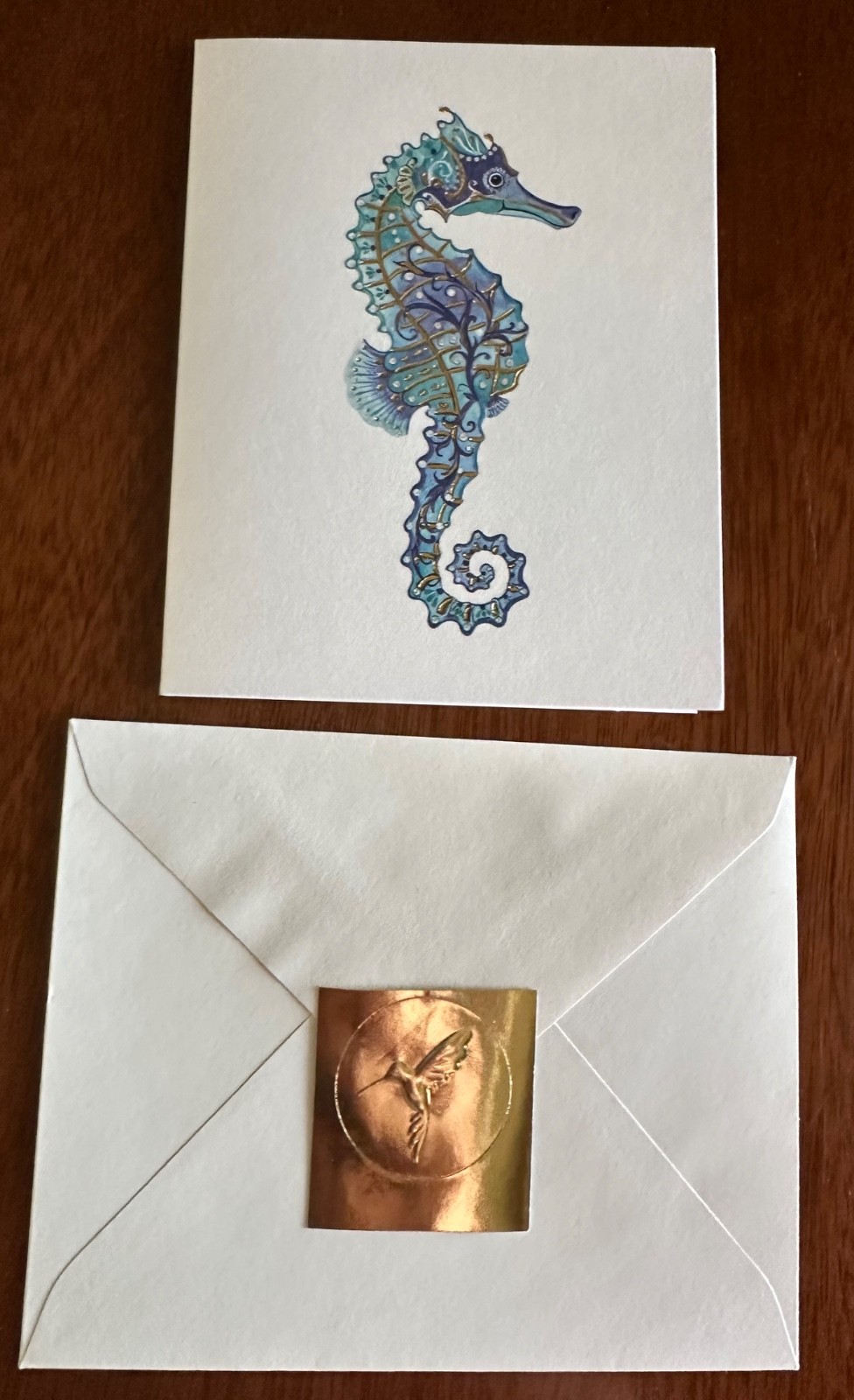 Isabelle Brent Art PAPYRUS Small Note Greeting Card Gold Foil Sticker Seahorse