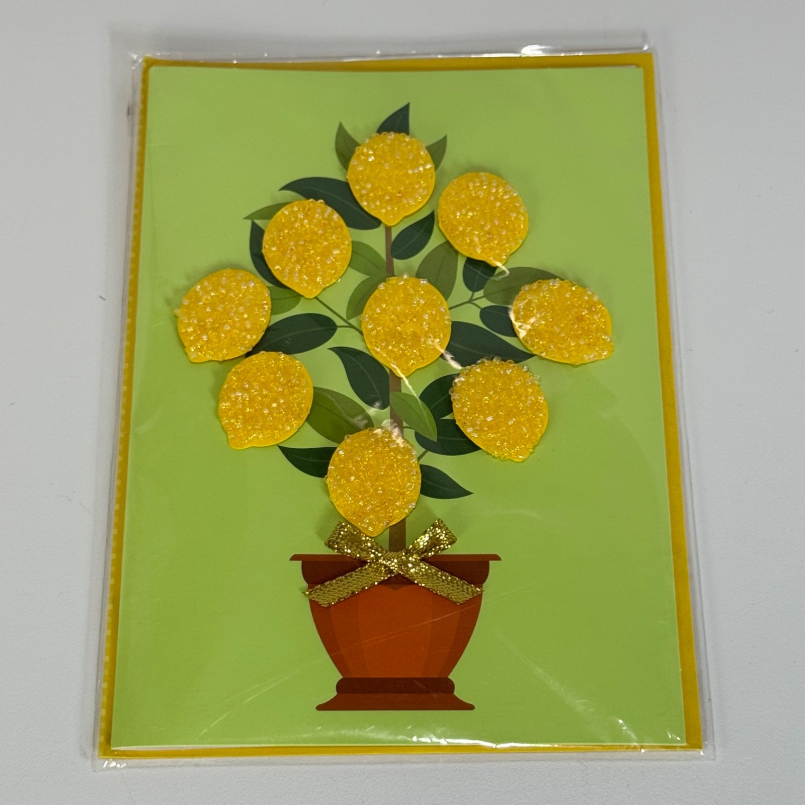 Burgoyne Blank Greeting Card Lemon Tree Potted 3D Beaded Gold Tone Bow Sealed
