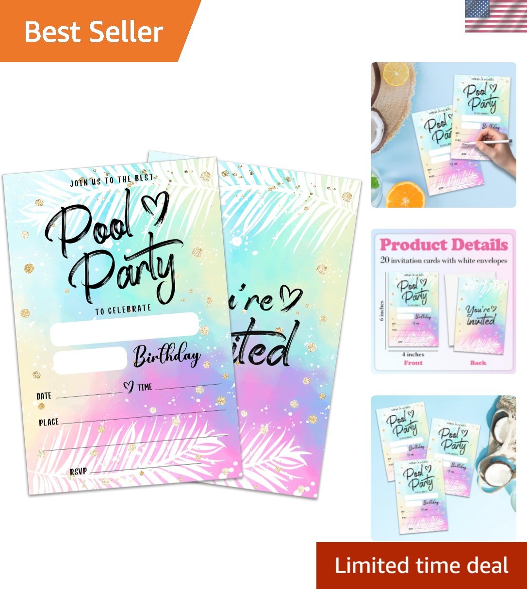 20 Pcs Pool Party Invitations For Birthday With Envelopes – 4”x6” Summer Sw…