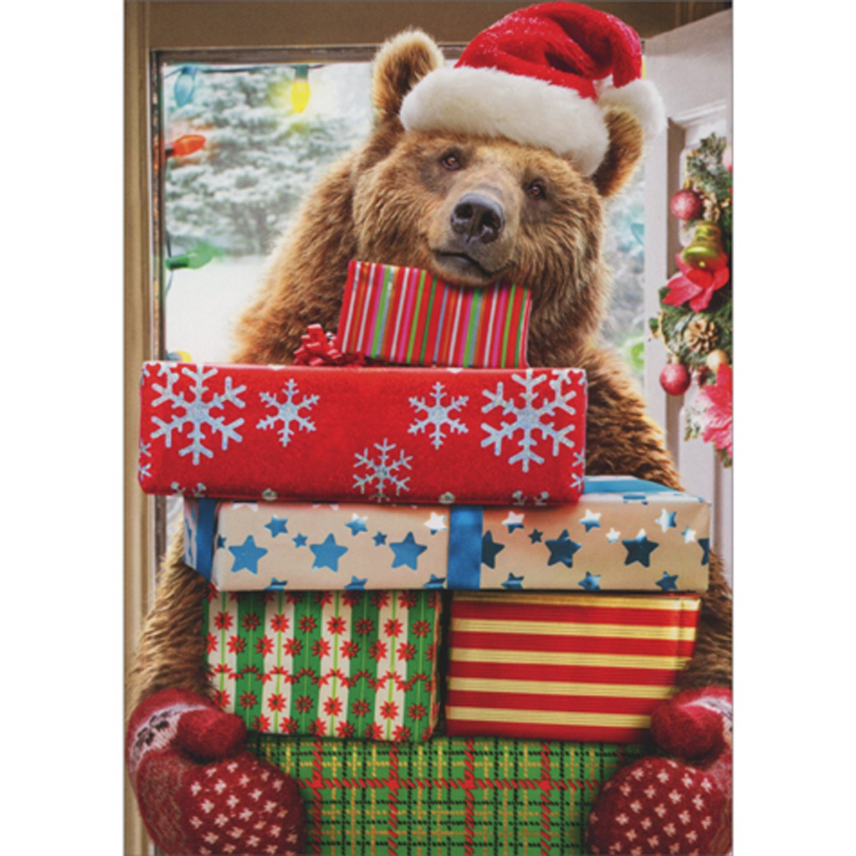 Brown Bear in Mittens Delivering Gifts at Front Door Funny Christmas Card