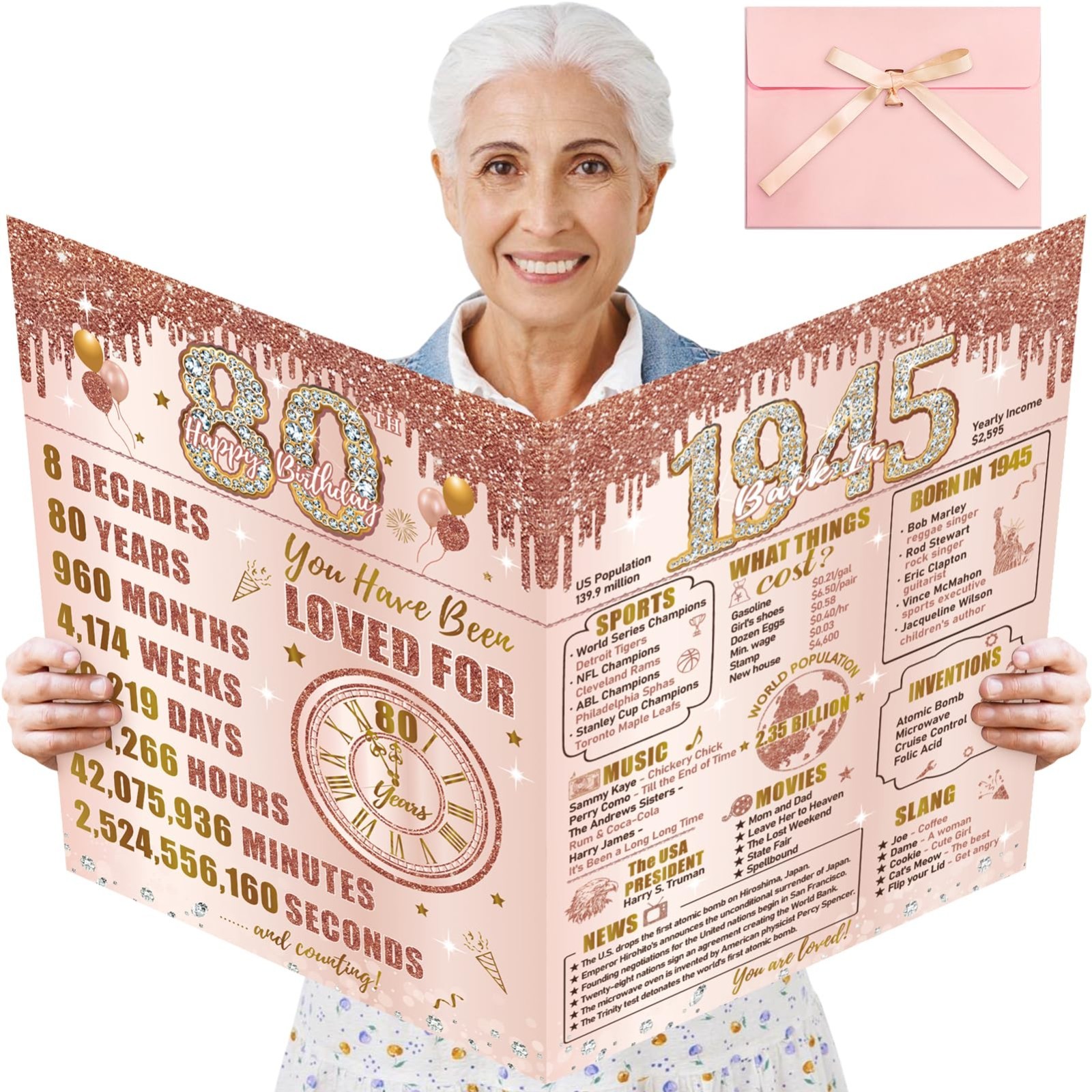 Giant 80th Birthday Card, 1945 Themed Guest Signature Gift, Pink