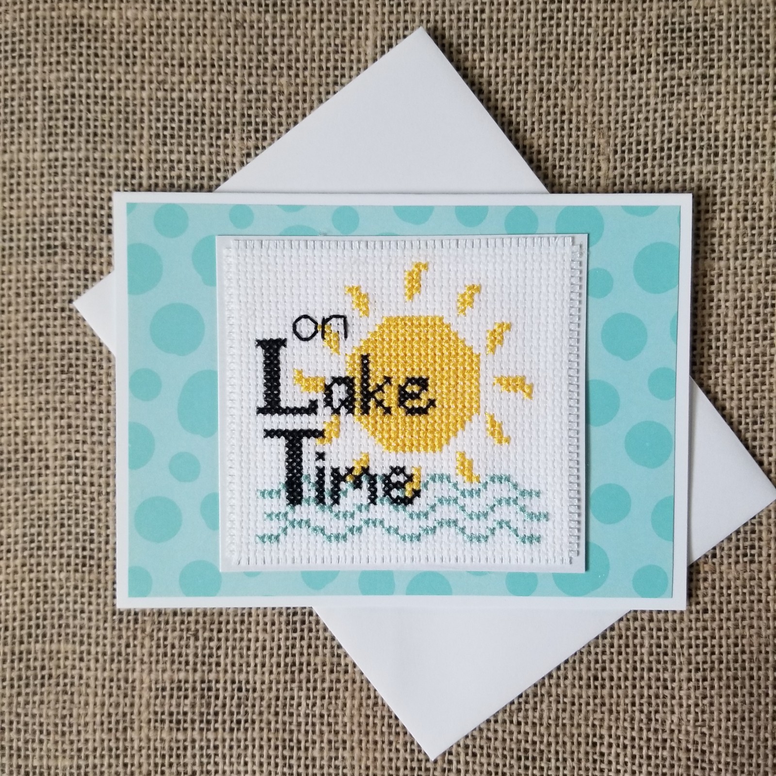 Finished Completed Cross Stitch On Lake Time Blank Note Greeting Card