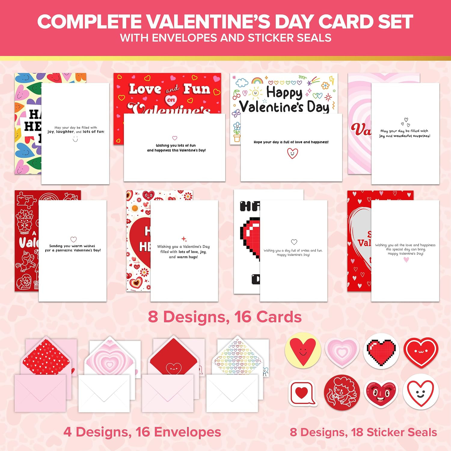 16 Pack 5x7in Children’s Valentine Cards with Envelopes and Stickers, 8 Adorable