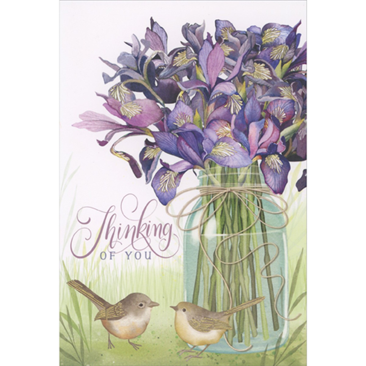 Two Little Birds Purple Flowers and Glass Vase Thinking of You Card for Friend