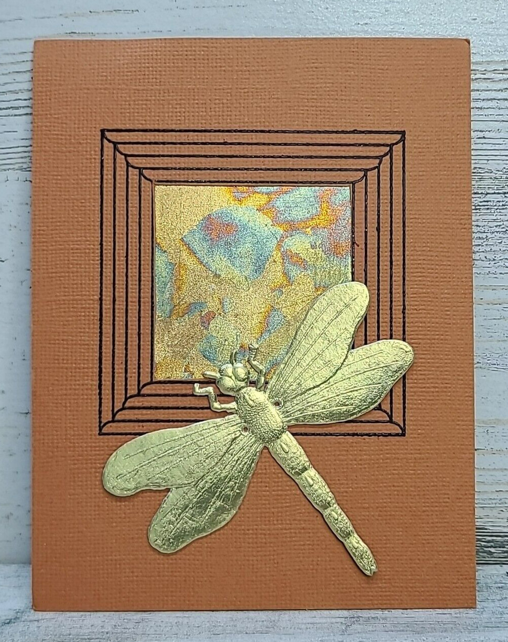 Dragonfly Greeting Card Art Print 3 7/8 x 5 Inch Gold Tone Abstract Square