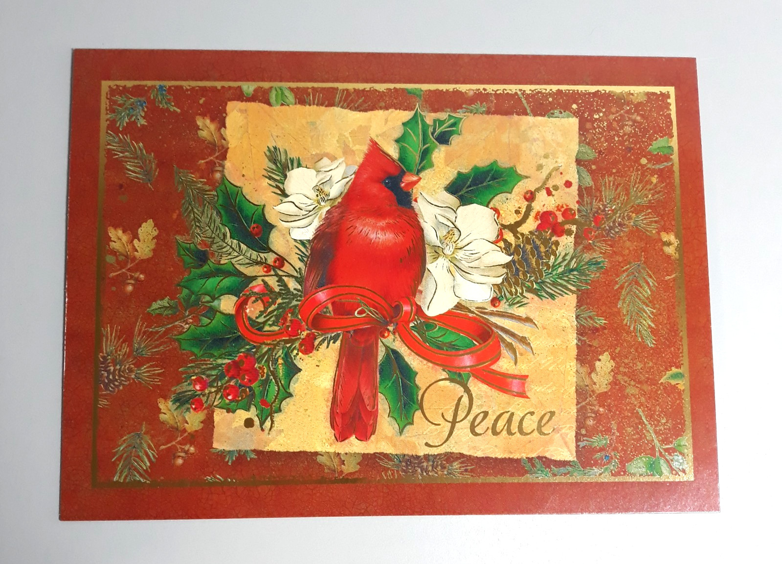 Lisa Bea Studio “Peace” Christmas Card – Red Cardinal Gold Foil – 7.5 × 5.5