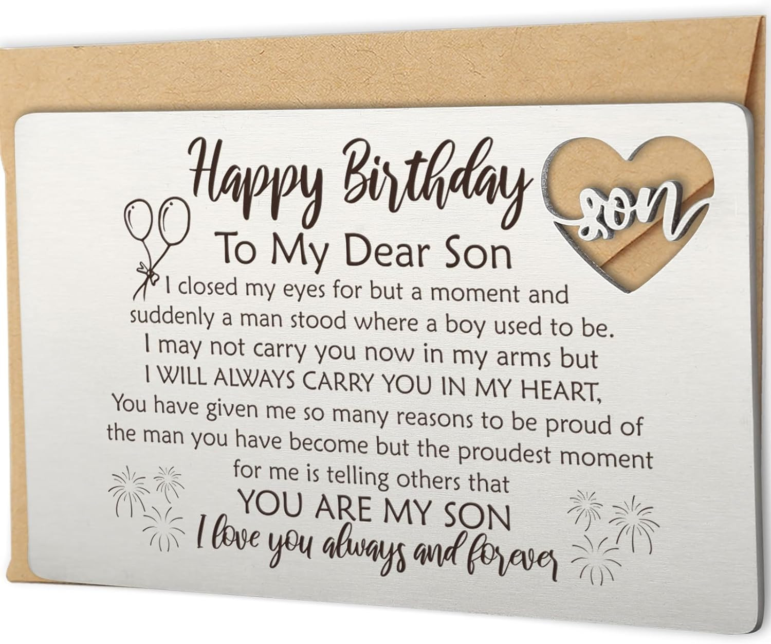 Happy Birthday Son Gifts, Son Birthday Card from Mom, Metal Engraved Greeting Ca
