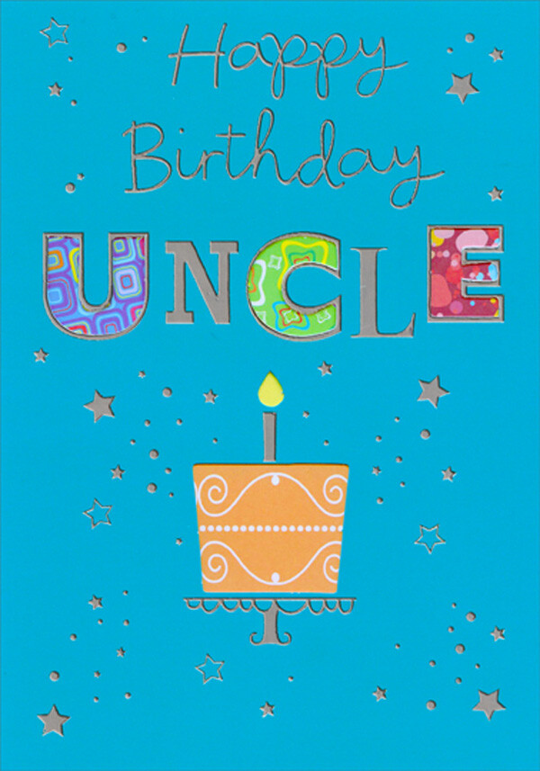 Blue with Silver Stars and Die Cut Letter and Cake Windows Uncle Birthday Card