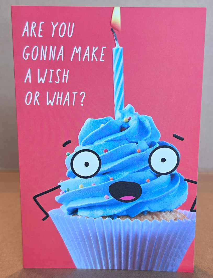 Birthday Card Funny Short To the Point Bday Message Blue Cupcake Silly Face