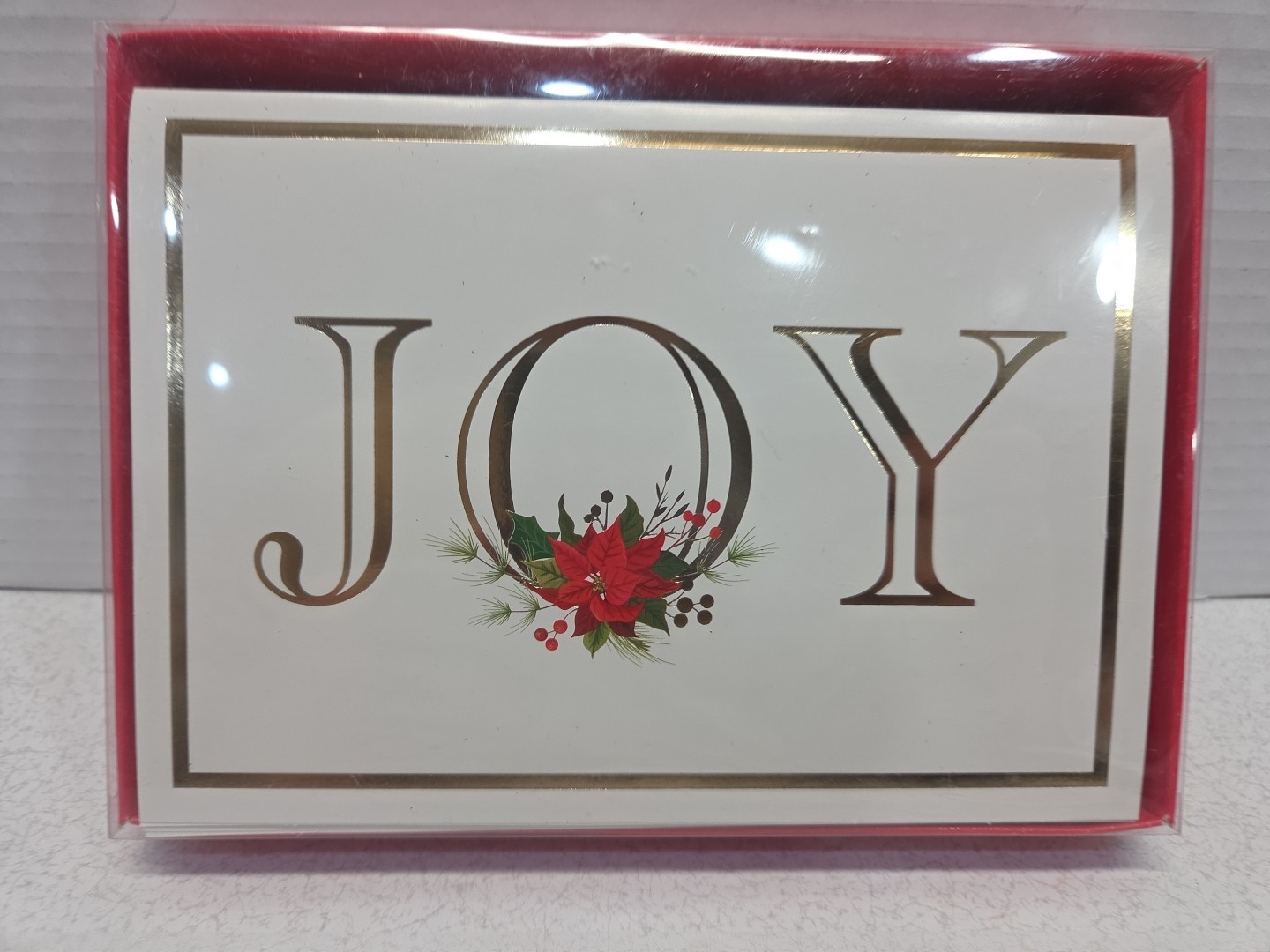 Christmas Cards Joy Poinsettia Box Of 10 Blank Inside 5” X 7” Recollections NIB
