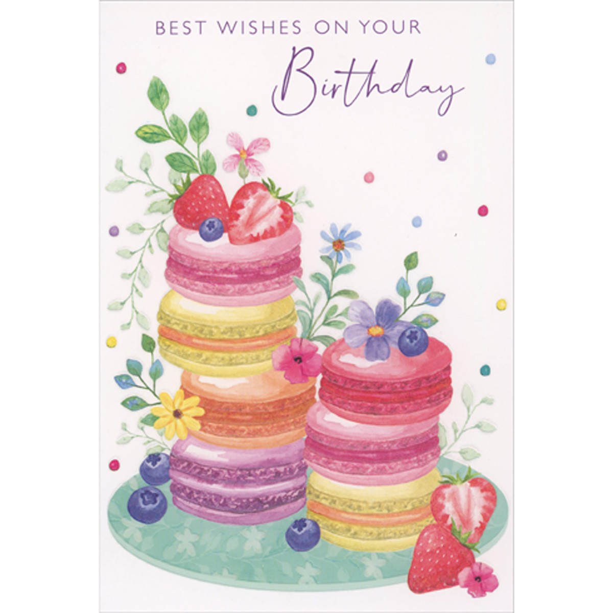 Pictura Best Wishes Colorful Macaroon Stacks Berries and Flowers Birthday Card