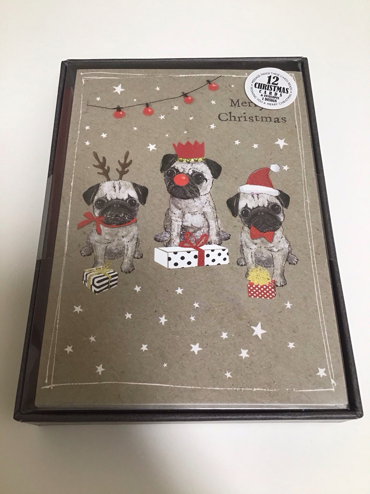Pug Red Nose Reindeer Merry Christmas SET OF 12 Cards Envelopes 4×6” NEW BOXED