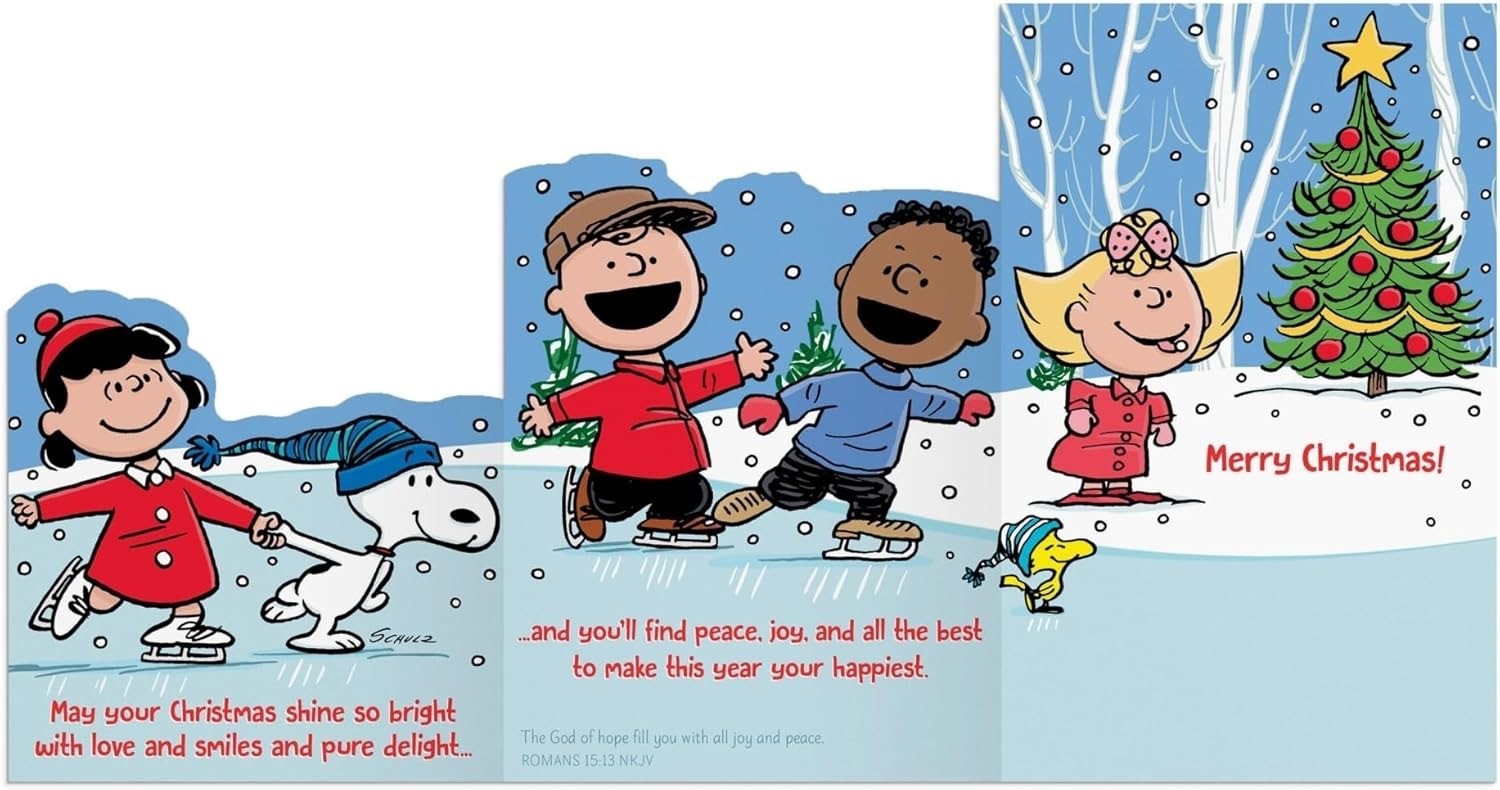 SNOOPY & GANG Christmas card featuring Peanuts gang-opens to 3 foldable panels