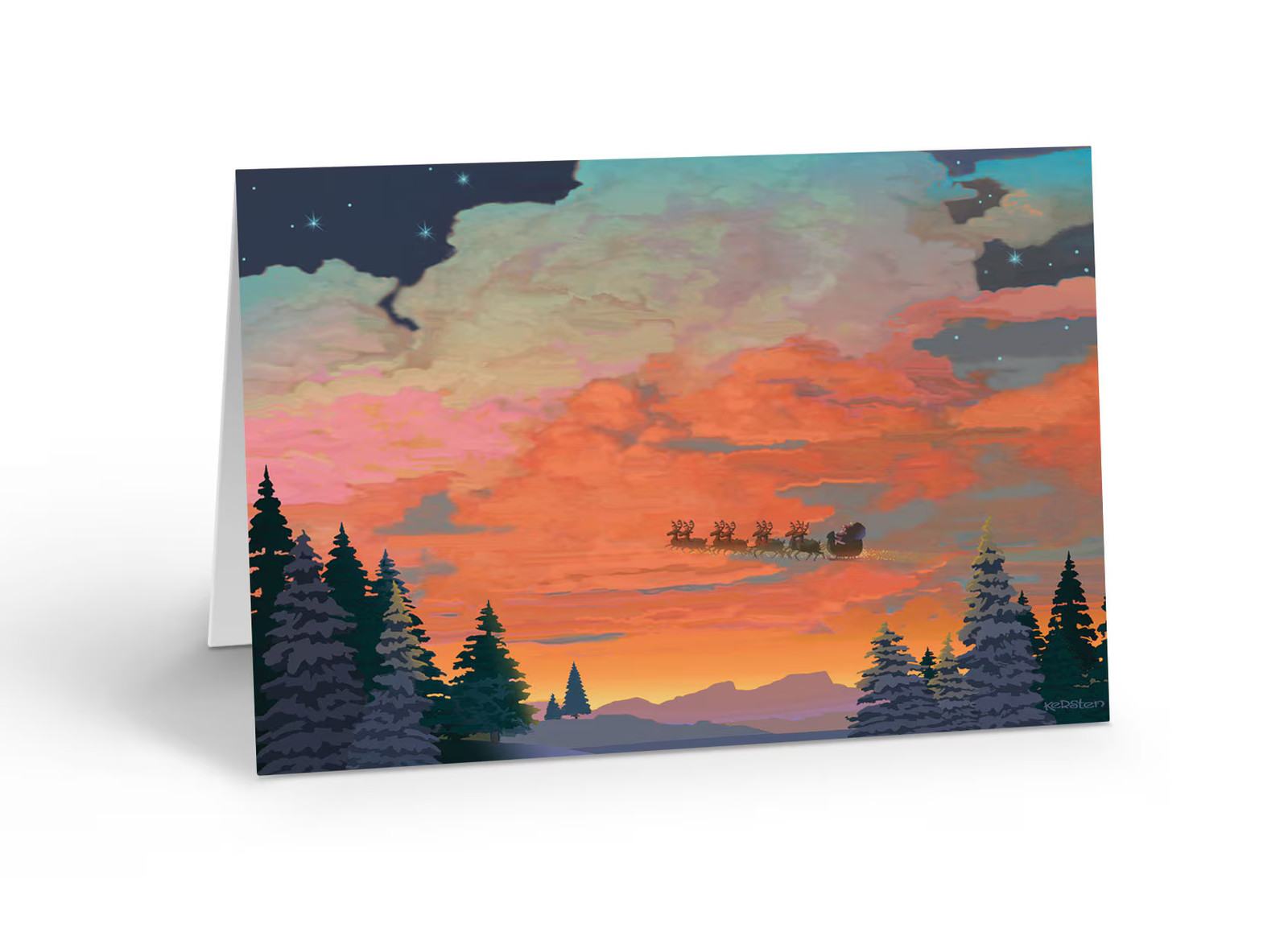 Forest Sunset Santa – 18 Christmas Cards & Envelopes – Flying Sleigh