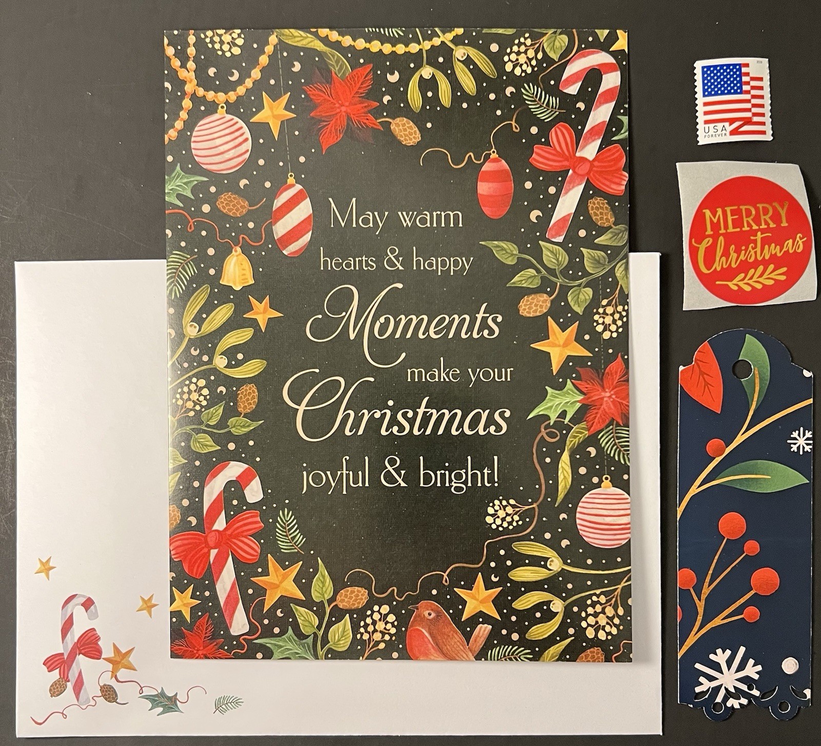 Festive Warm Hearts & Happy Moments CHRISTMAS Card w/Env/Gift Tag/Seal/Stamp BN