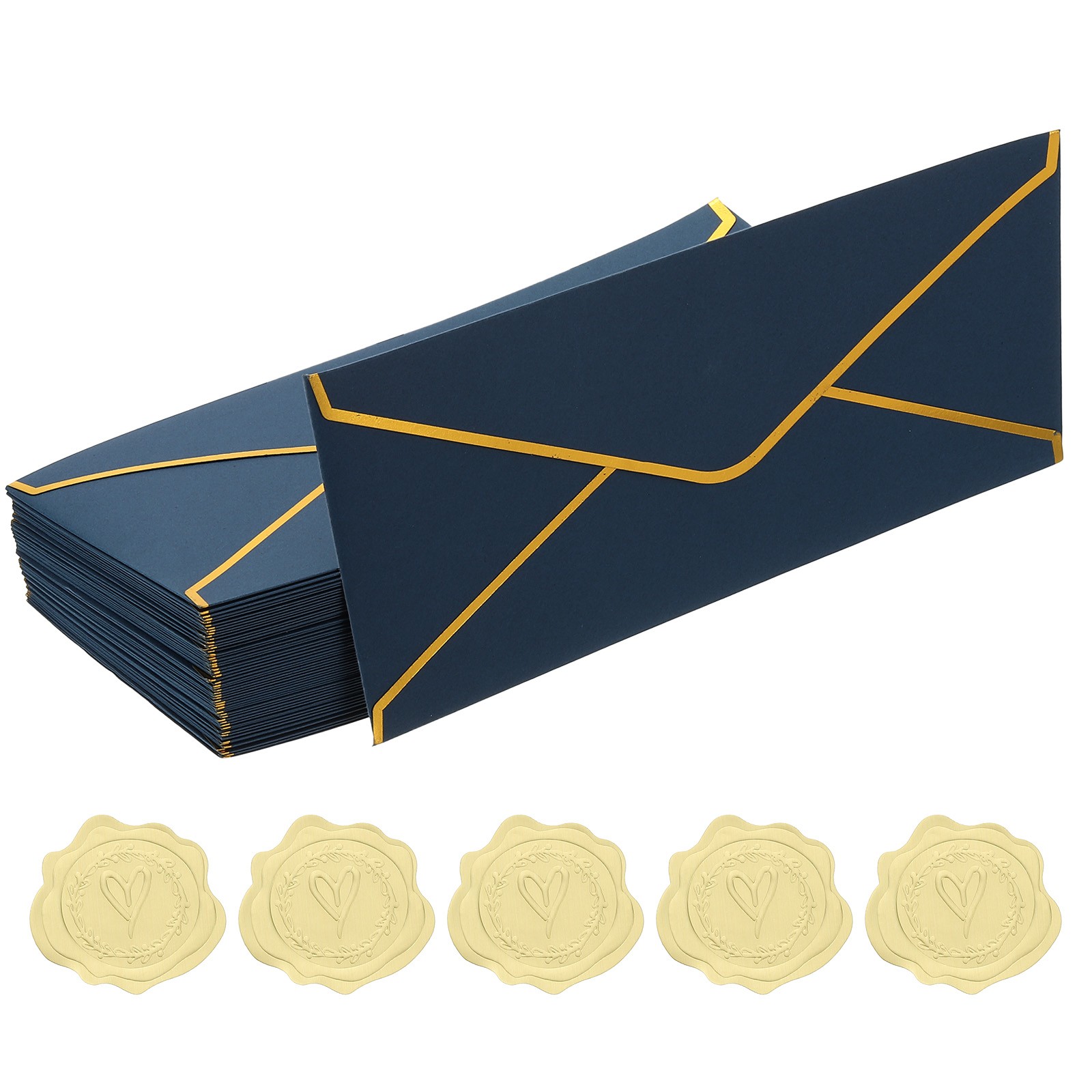 4 1/8 x 9 1/2 Inch Envelopes with Gold Border, 50 Pack V Flap, Blue