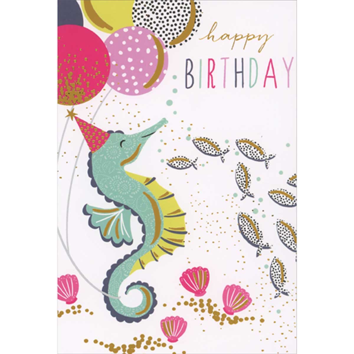 Pictura Blue Seahorse with Party Hat Balloons Fish and Shells Birthday Card