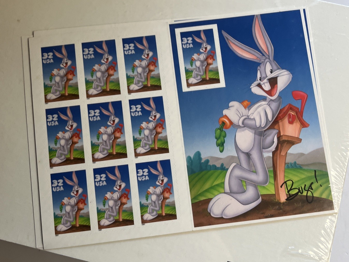 Pane of 10 Mint BUGS BUNNY STAMPS: Easter Bunny with a Carrot, For Easter Cards
