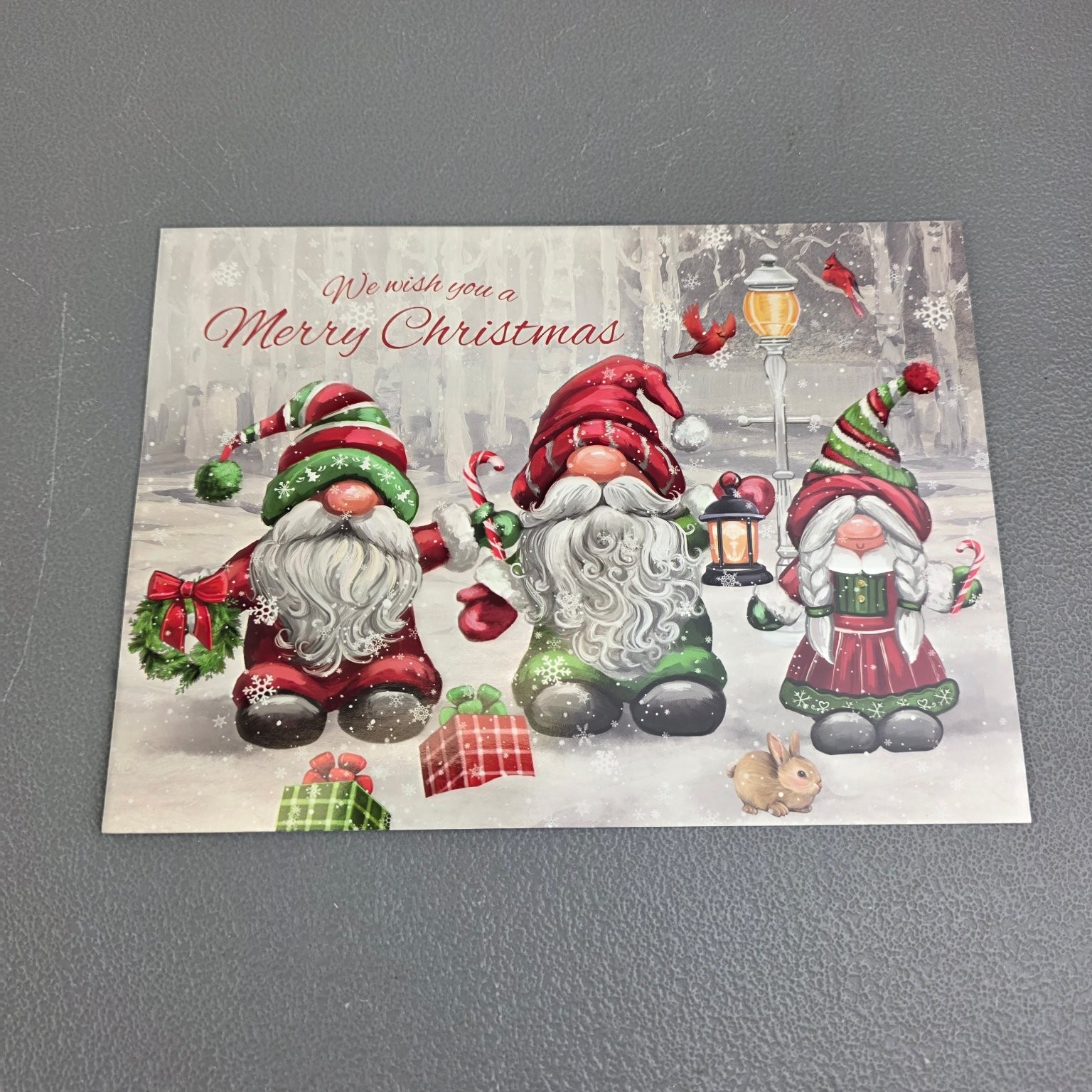 Christmas Greeting Card Gnomes Cardinals Holiday Winter Scene with Envelope