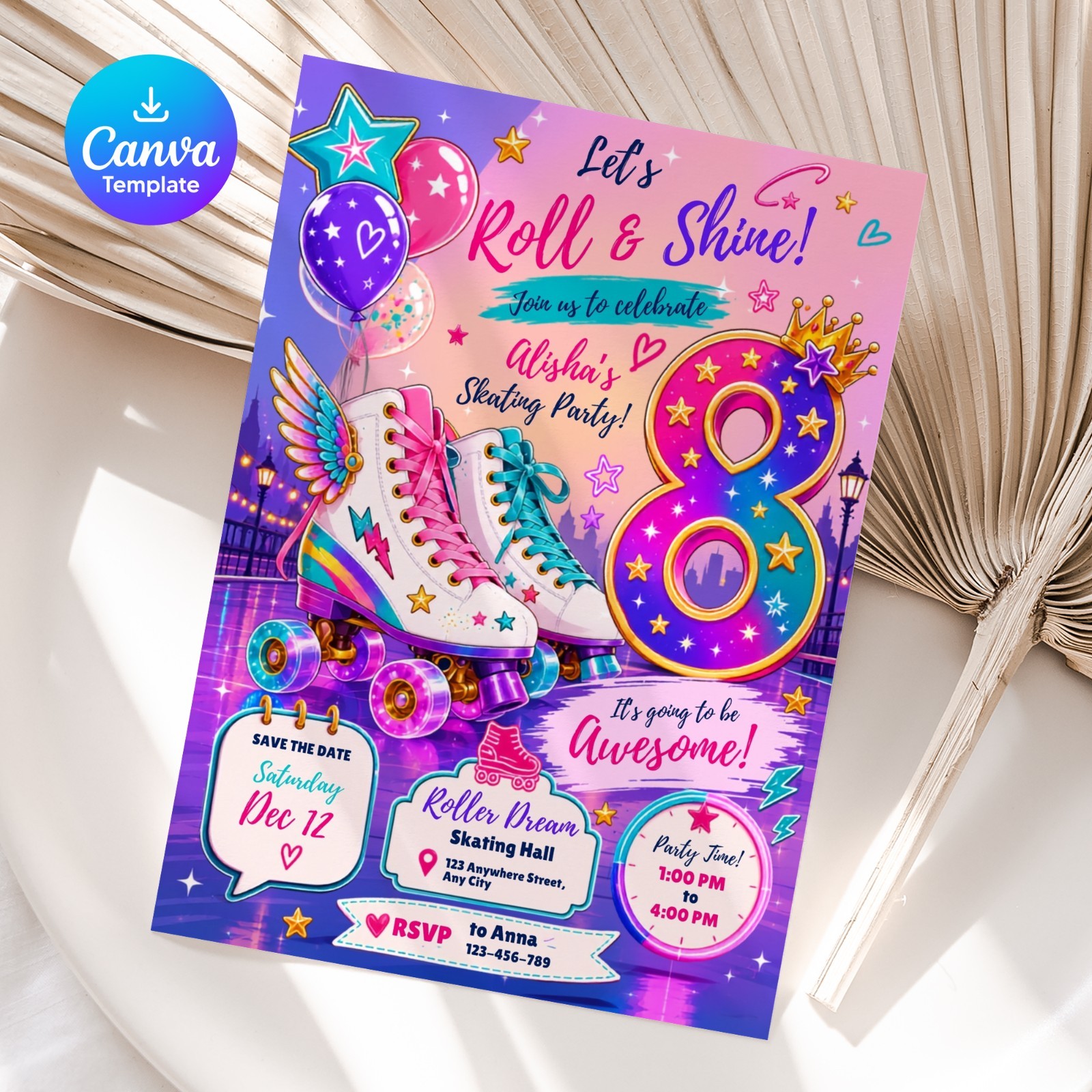 Roller Skating 8th Birthday Invitation Editable Canva Template 5×7 Digital