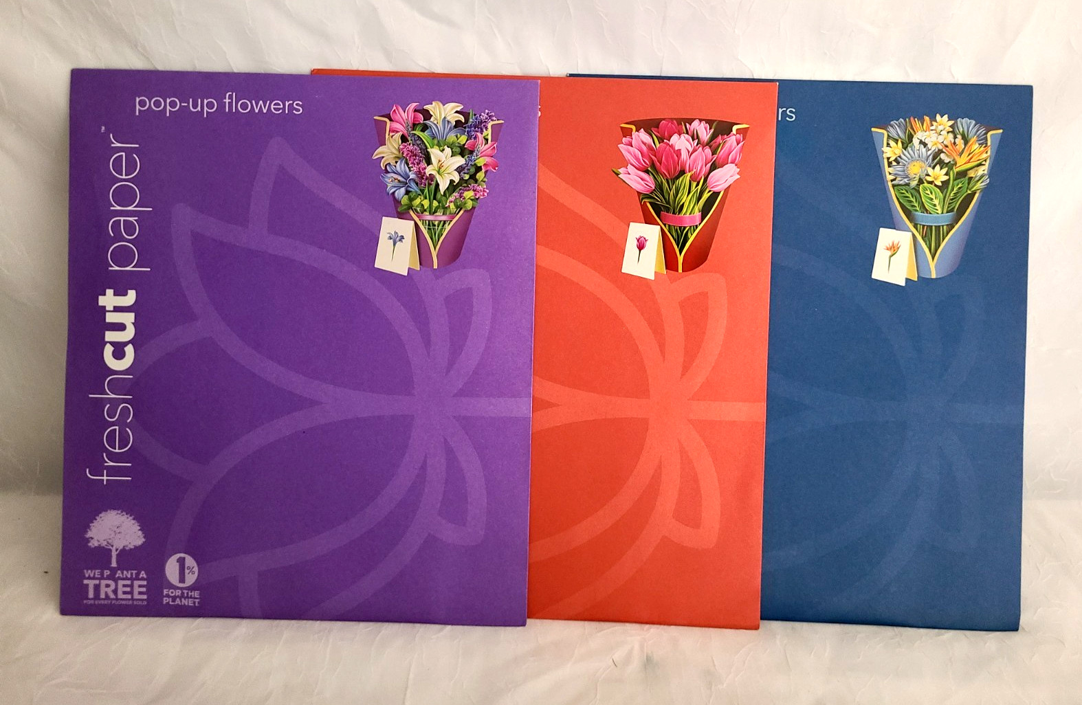 Lot of 3 FreshCut Paper Pop-Up Flower Bouquet 12 Inch Card Tulips Lilies Roses