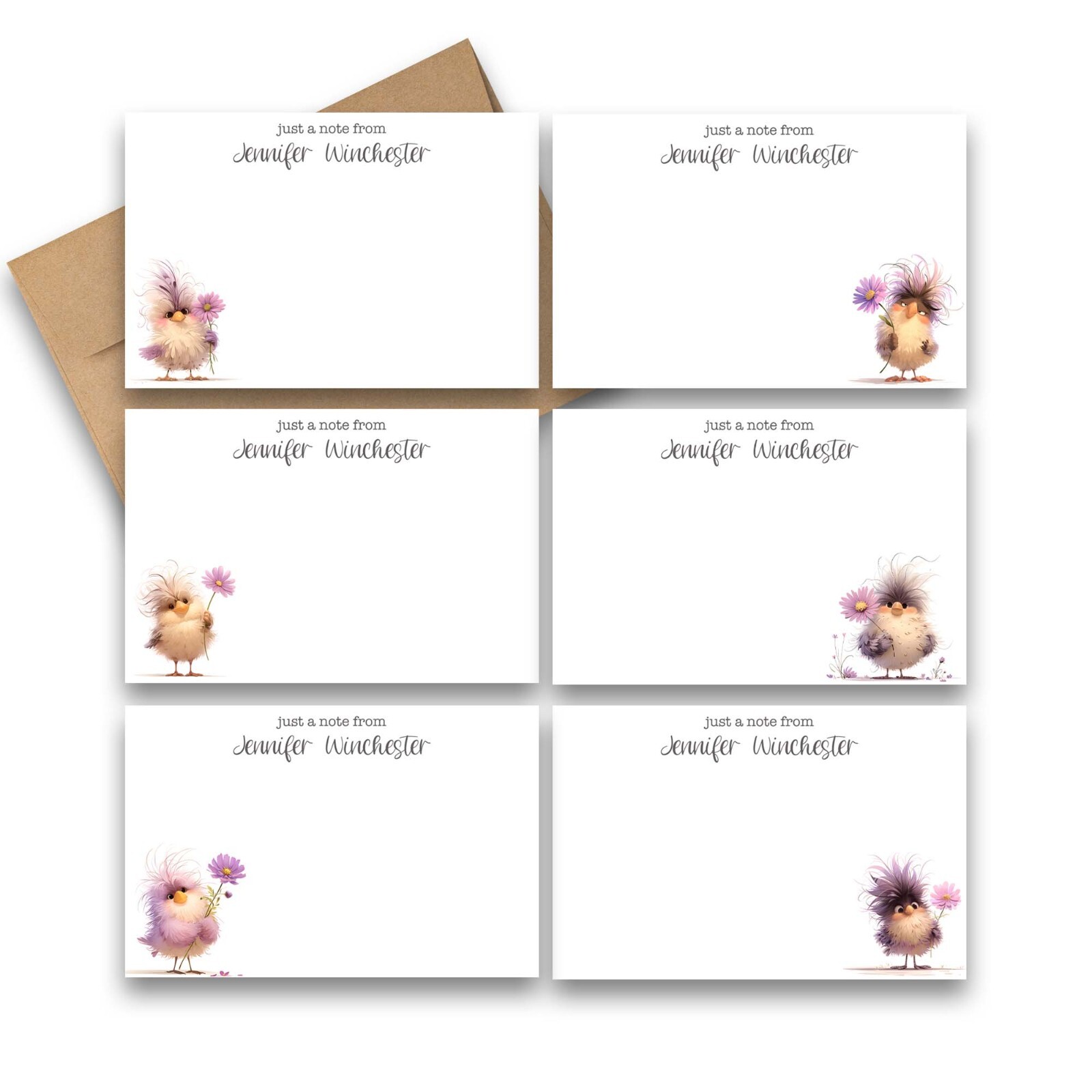 12 PERSONALIZED Flat Note card Cute Stationery with Envelopes – Adorable Birds