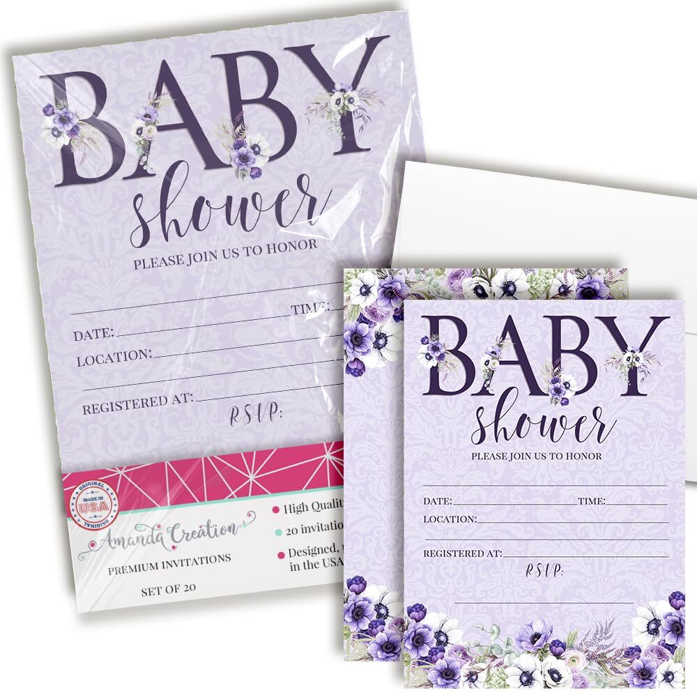 20PCS Watercolor Violets Baby Sprinkle Invitations 5×7 Fill-In Cards Envelopes