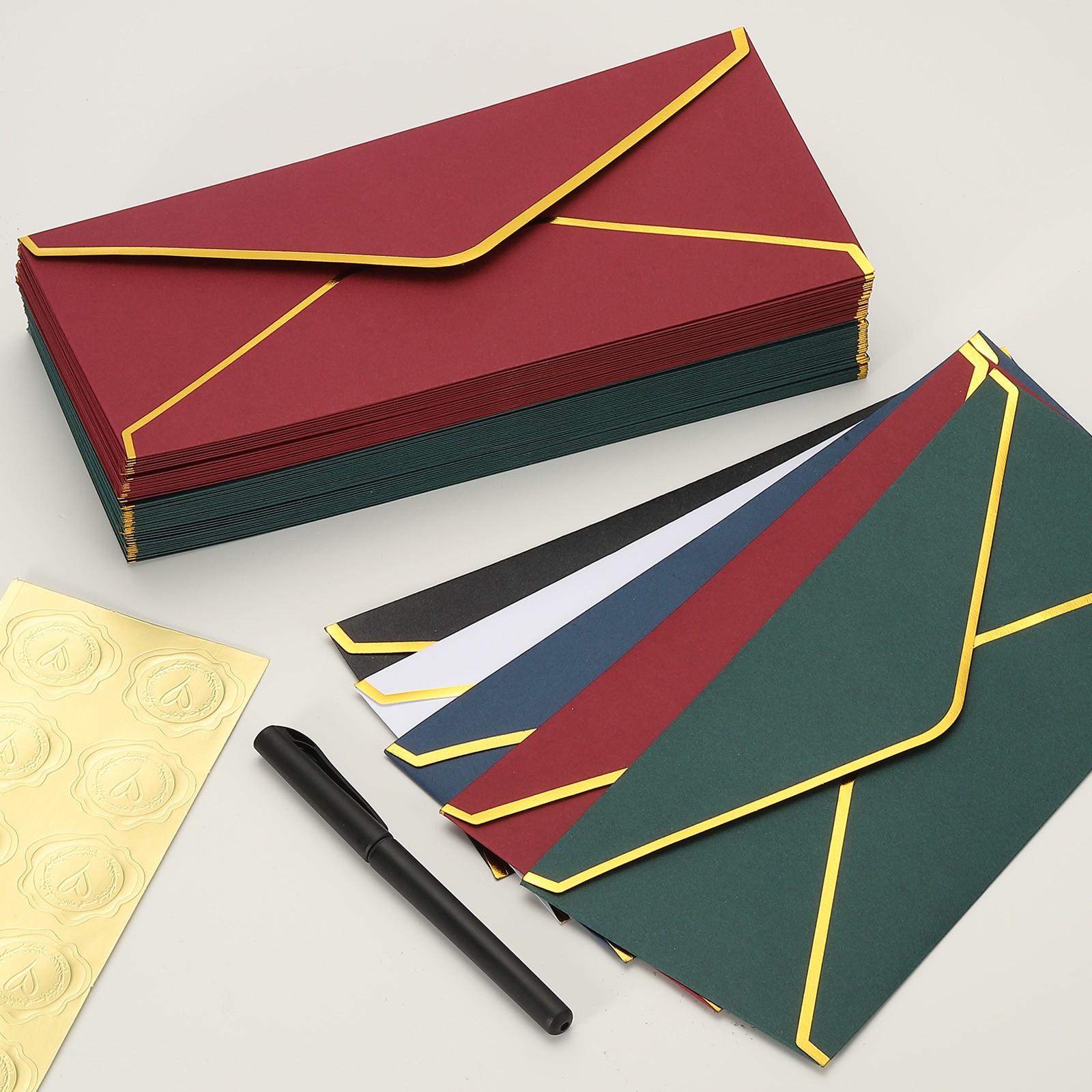 4 1/8 x 9 1/2 Inch Envelopes with Gold Border, 50 Pack V Flap, Blue