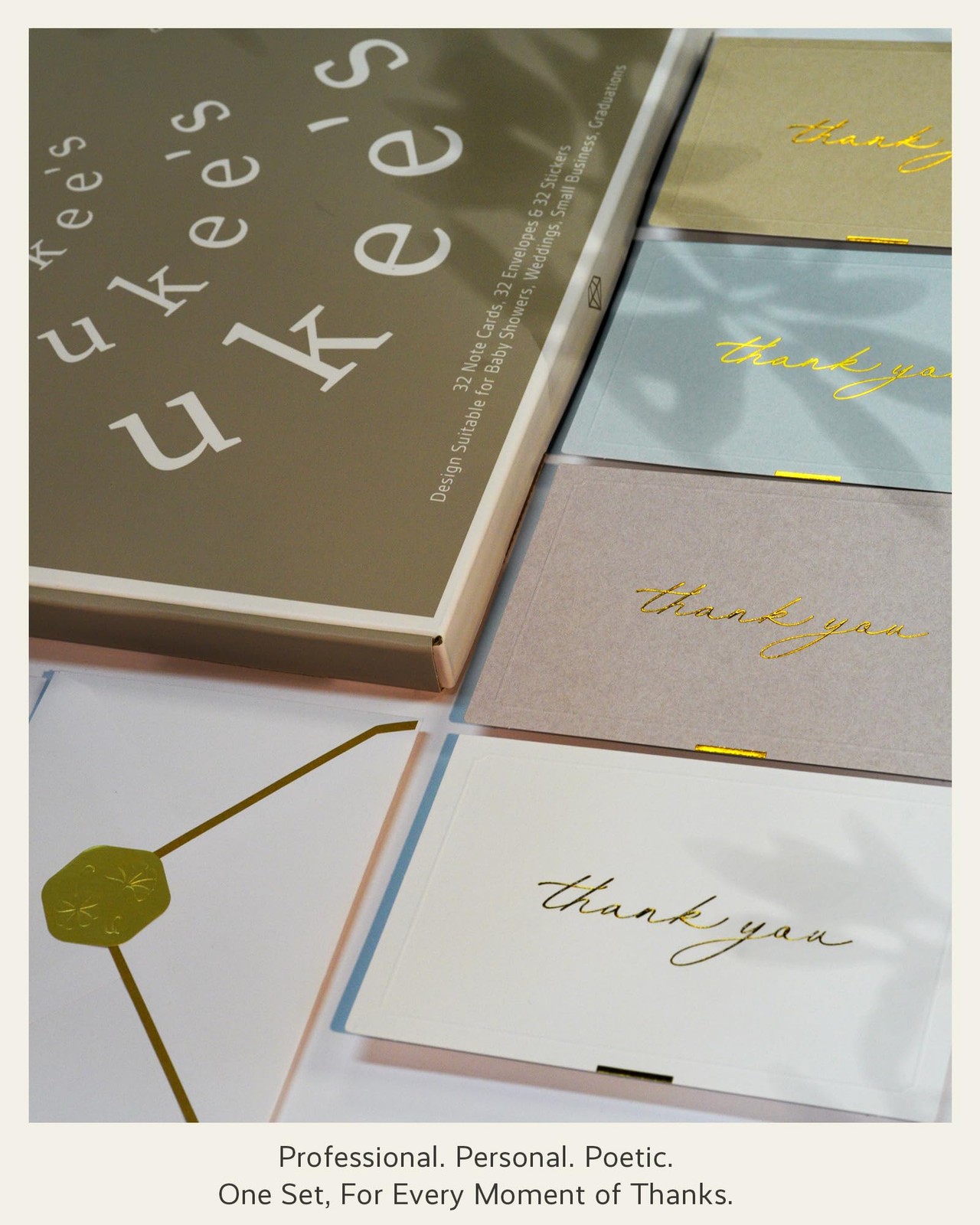 Gold Foil Thank You Cards Envelopes Bulk 32-Pack Embossed Notes 4 Colors Seal