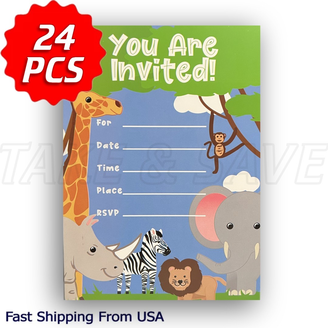 Kids Birthday Party Invitation “You Are Invited!” Animal Theme 7 x 5 inch, 24PCS