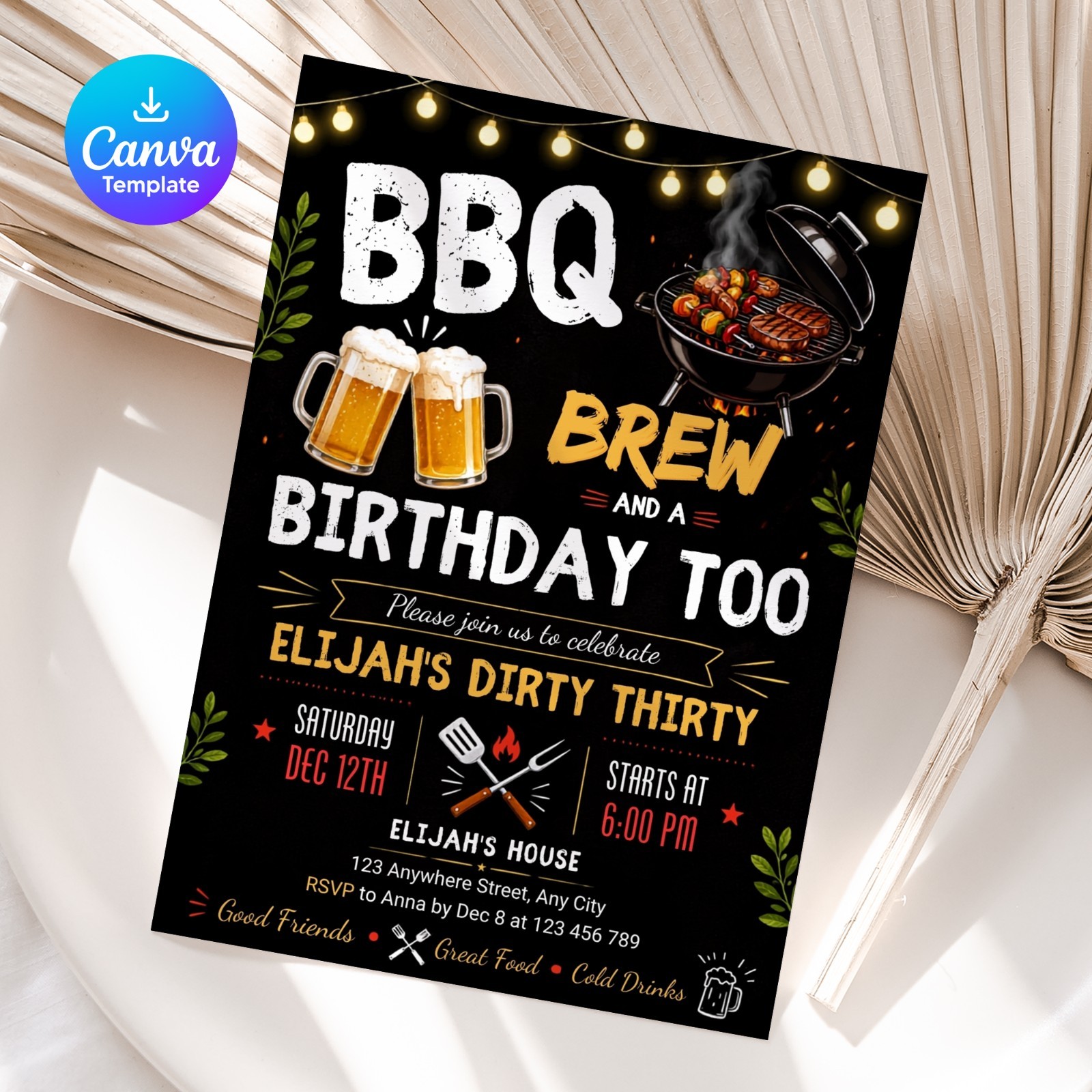 BBQ & Brew Birthday Invitation Editable Canva Template Printable Digital Invite