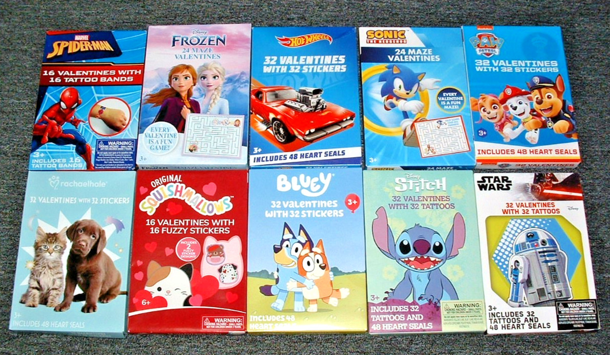 Kids Valentine s School Exchange cards 272 (10 boxes shown) Sonic,Bluey,Stitch +