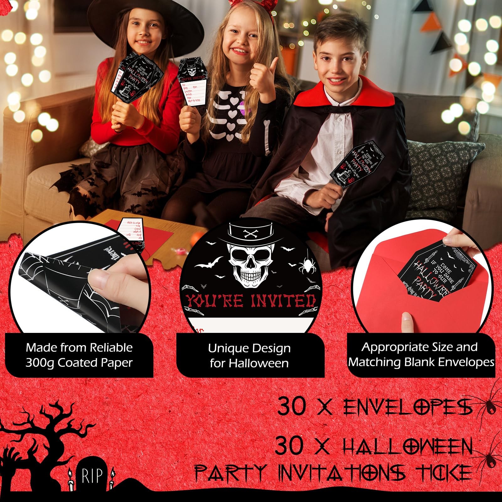 60 PCS Halloween Party Invitations Envelopes, Ticket Scary Coffin Style Cards