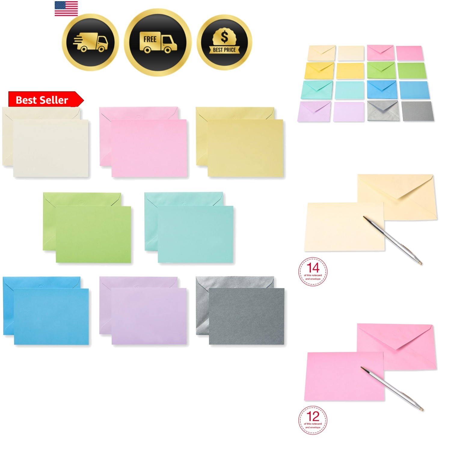 Single Panel Blank Cards Bulk with Envelopes, Pastel Colors 100-Count