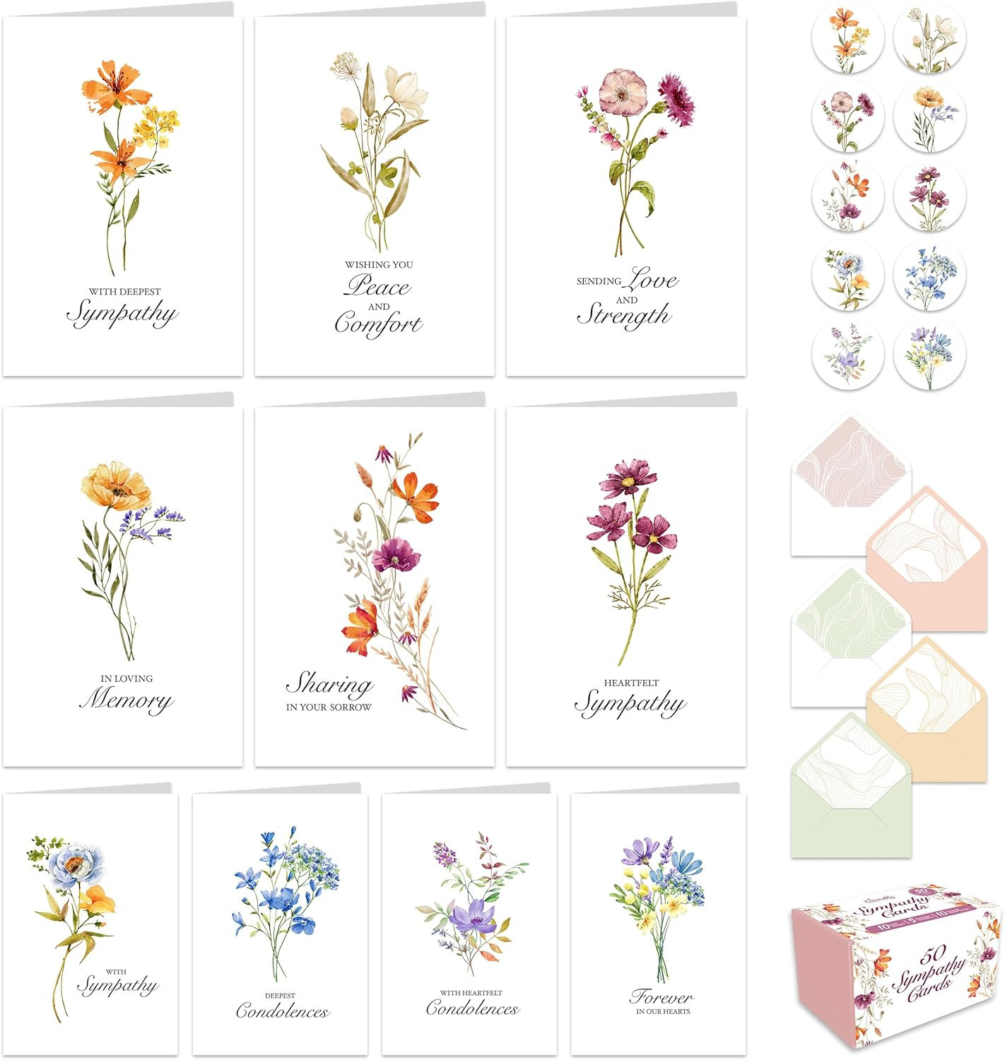 50 Pack 4x6in Bulk Sympathy Cards with Envelopes and Stickers, 10 Floral Designs