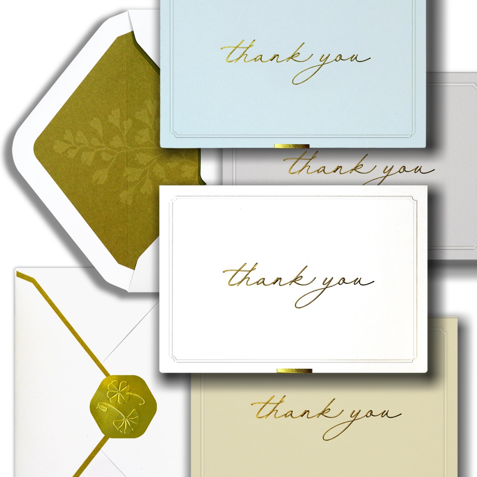 Gold Foil Thank You Cards Envelopes Bulk 32-Pack Embossed Notes 4 Colors Seal