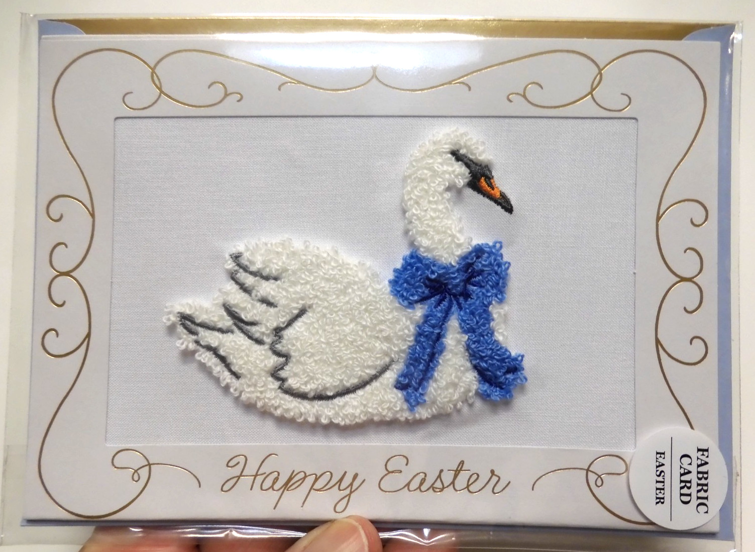 1 Lady Jayne Ltd Happy Easter Fabric Card Sweet Soft White Swan with Blue Bow