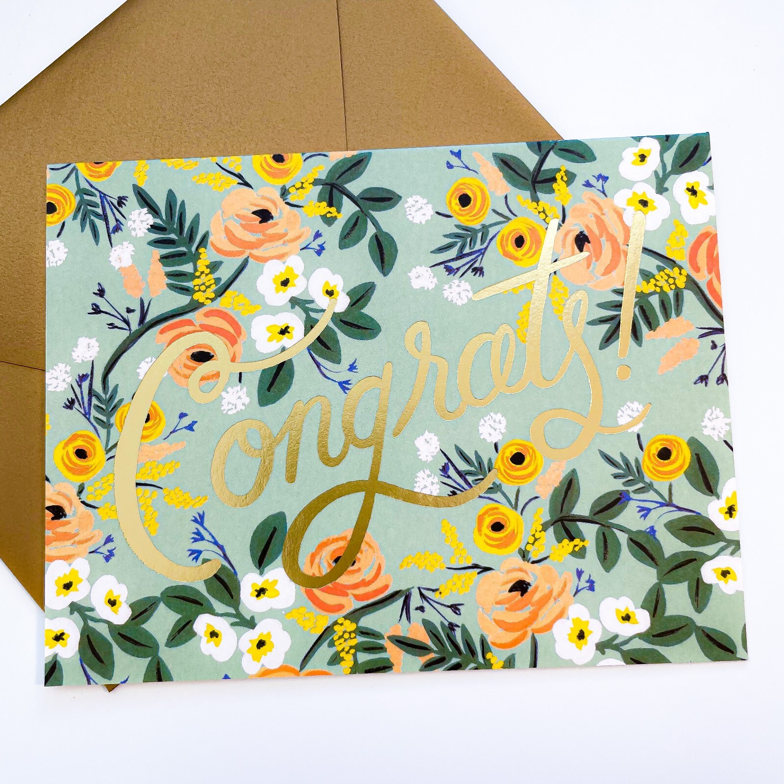 RIFLE PAPER CO. Greeting Card & Envelope – “BLUE MEADOW CONGRATS” Gold Blank A2