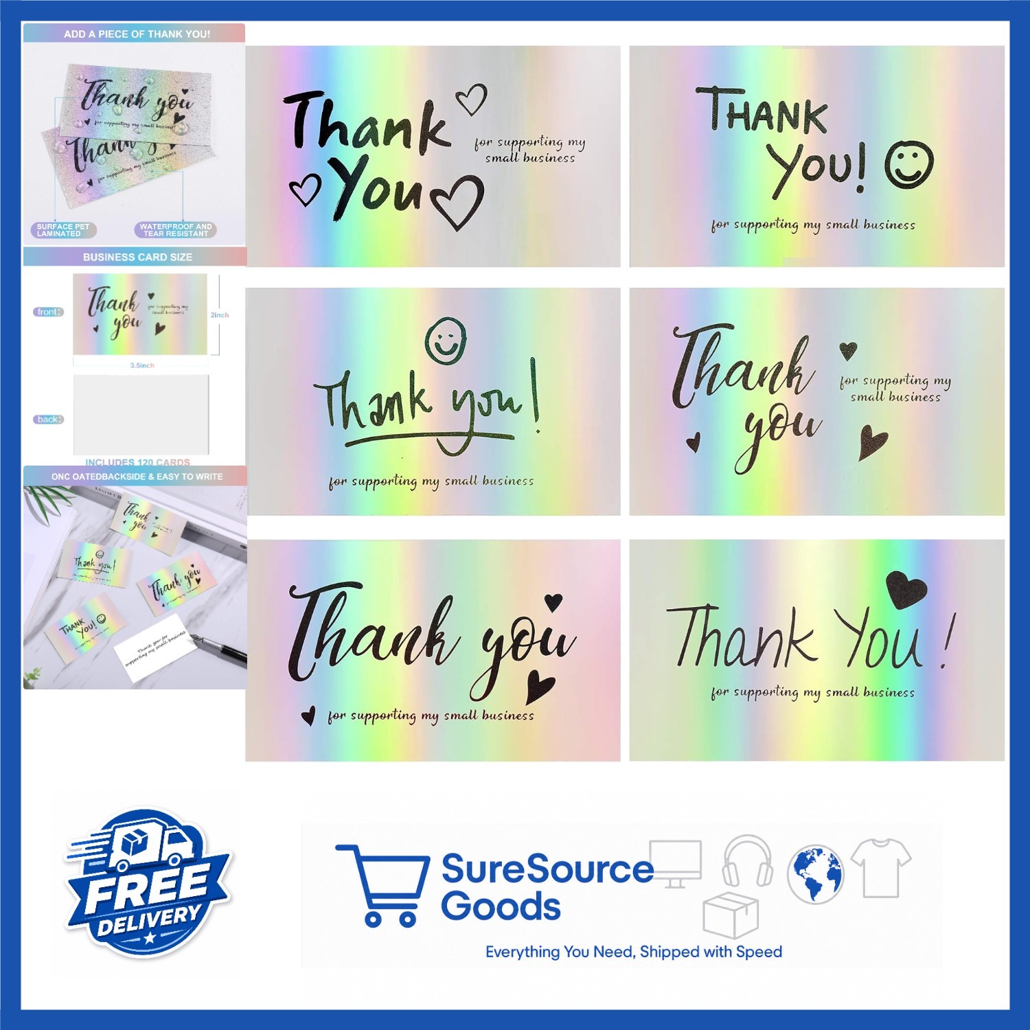 Holographic Thank You Cards 120Pcs 6 Styles 2×3.5 Inch for Business Customers