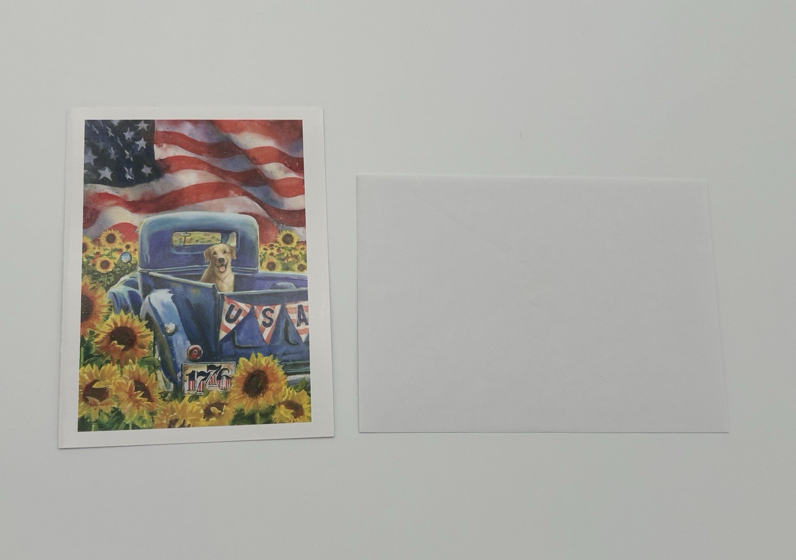 USA – Dog in Truck Greeting Card – with white envelope, blank inside