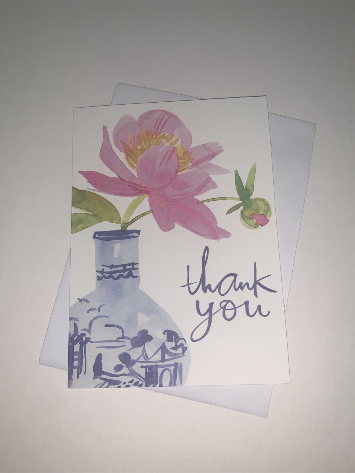 (12) Hallmark Thank You Blank Note Card: Watercolor Pink Flower In Blue Vase
