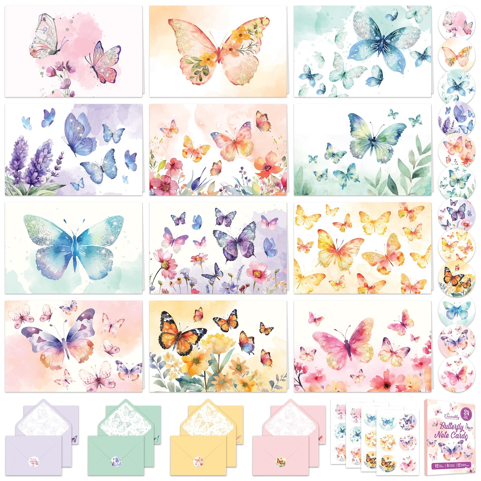 Decorably 24 Pack 6x4in Glittery Butterfly Cards with 6×4 inches, multicolor