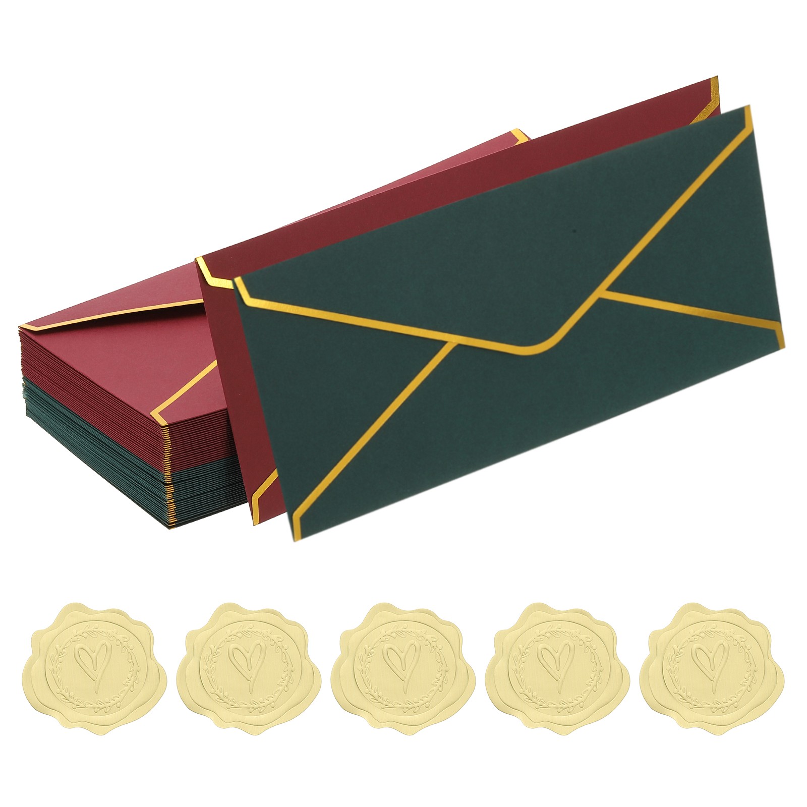 4 1/8 x 9 1/2 Inch Envelopes with Gold Border, 50 Pack V Flap, 2 Colors
