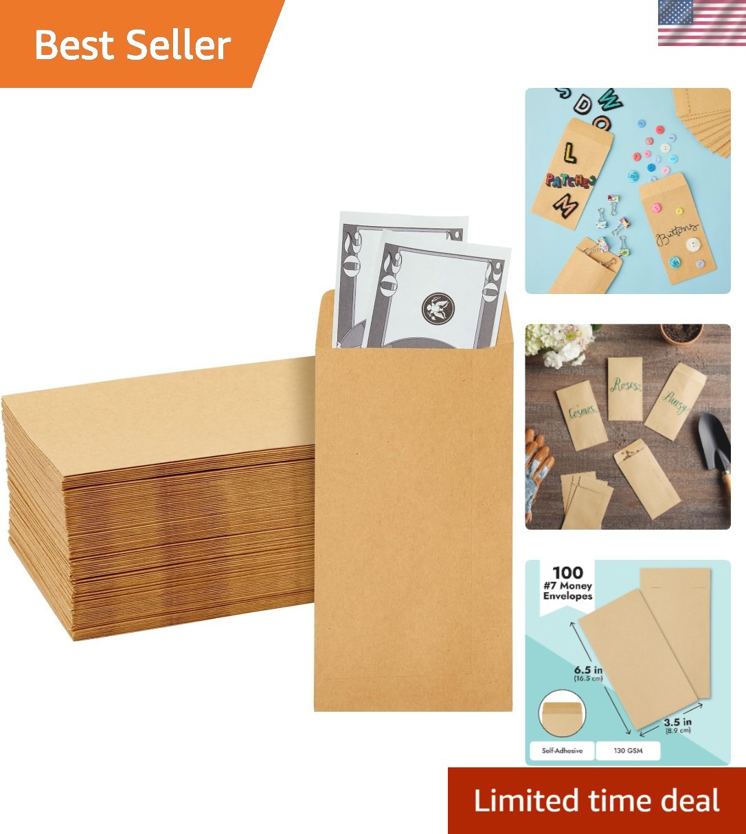 Durable 100 Count Cash Envelopes – Self-Adhesive Brown 3.5 x 6.5 in for Finances