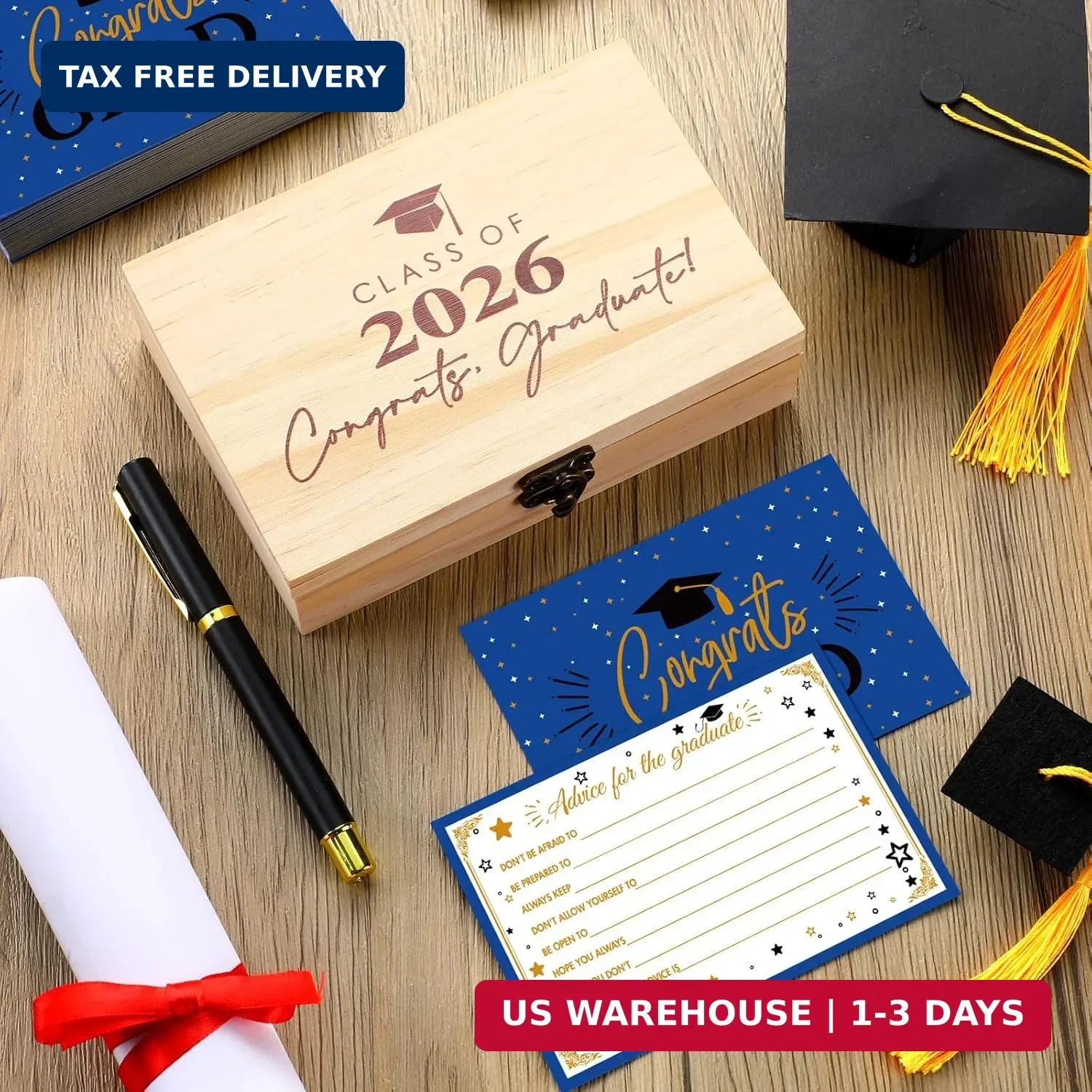 Resurhang 60 Pcs Blue Graduation Wooden Card Box 2026 Graduation Advice and Wish